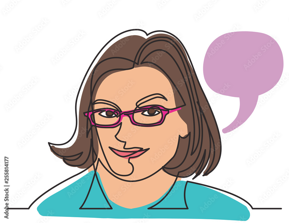 continuous line drawing of smiling woman in glasses on white background continuous line drawing of smiling woman in glasses on white background