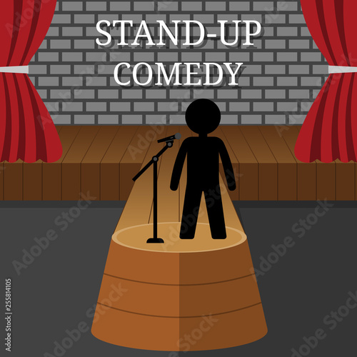 Stand-Up Comedy Vector Interior. Man or Woman Performs on Stage. Theater Scene with Red Curtains and Grey Brick Wall. Vector illustration for Your Design.