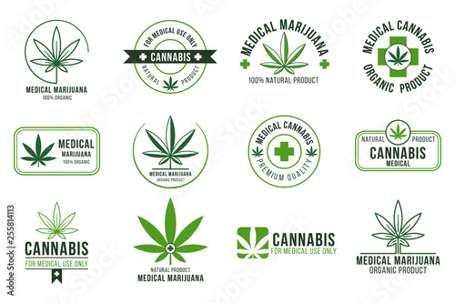 Cannabis label. Medical marijuana therapy, legal hemp plant and drug plants. Smoking weed badges isolated vector set