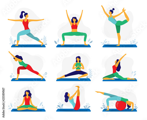 Yoga exercise. Fitness therapy, healthy stretch yoga poses and woman treatment stretching exercises flat vector illustration set