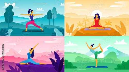 Yoga exercise on nature. Relax outdoors exercises, healthcare fitness and healthy lifestyle. Yoga poses flat vector illustration set
