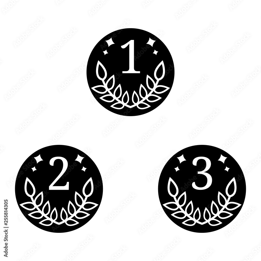 Quality Signs. Vector Coin Icon isolated on white background. First, Second, Third Places. Black Silhouette of Winner Symbol. Vector illustration for Your Design. Quality Signs. Vector Coin Icon isolated on white background. First, Second, Third Places. Black Silhouette of Winner Symbol. Vector illustration for Your Design.