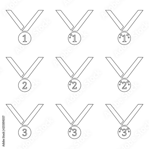 Set of Vector Medal Icons isolated on white background. First, Second, Third Places. Outline Icons of Winner Symbol. Vector illustration for Your Design, Web.