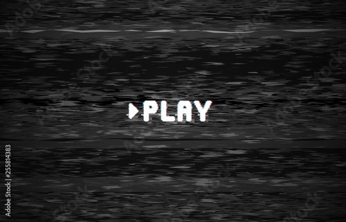 Play video screen. Tv noise glith, glitched television defect and retro vhs distortion vector background illustration