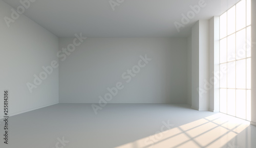 Empty white room with big window and sun light. 3D illustration. 