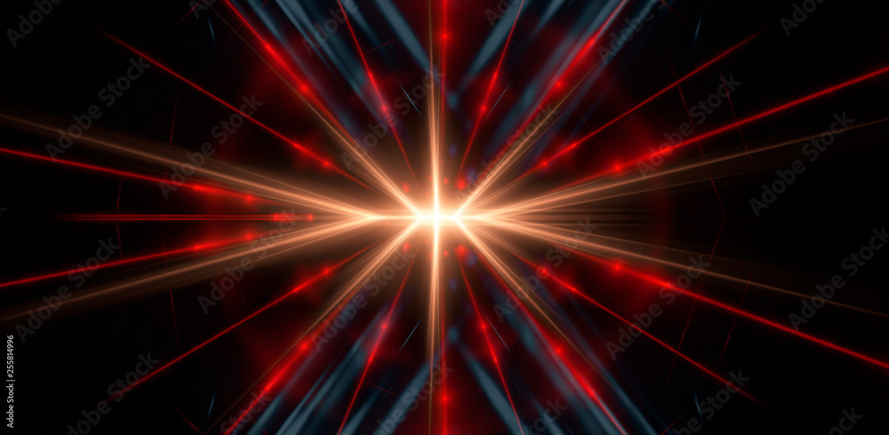 Obraz premium Background wall with neon lines and rays. Background of an empty dark corridor, parking, airport with neon light. Abstract background with lines and glow. Wet asphalt, the reflection of neon lights in