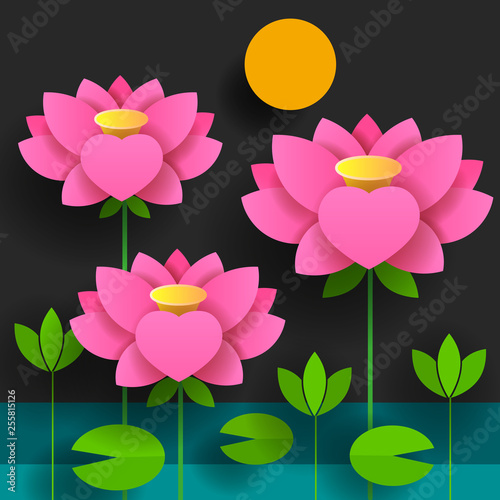 Paper Flower. Lotus. Black Background. Vector Illustration