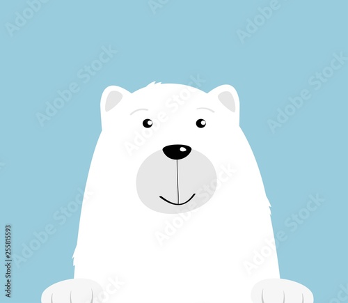 Cute cartoon white polar bear on blue background. Curious friendly bear smiling face. Illustration for greeting card.