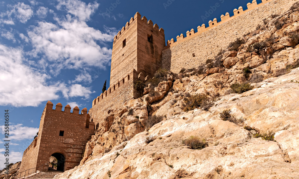 Exterior view of historic Alcazaba castle in Almeria, Spain.