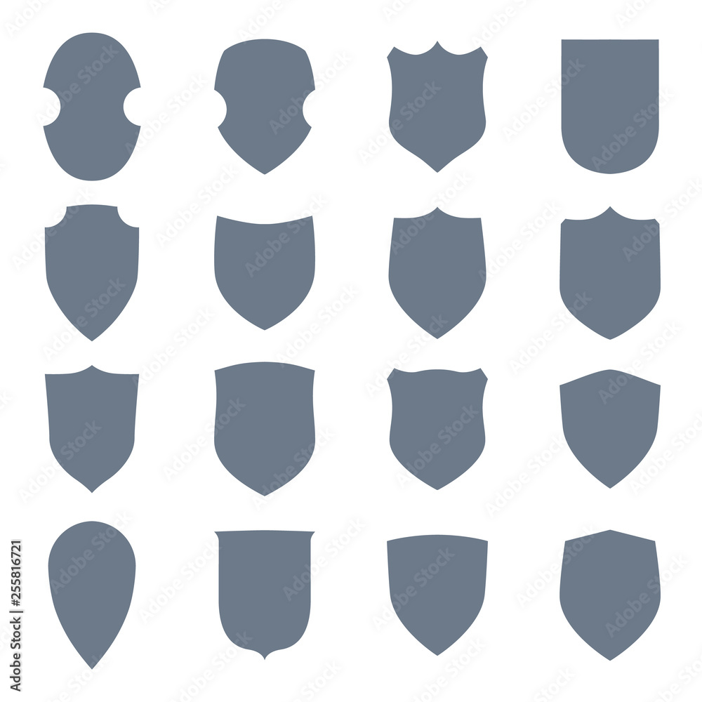 Shield shape icons set. Gray label signs isolated on white background. Symbol of protection, arms, security, safety. Flat retro style design.