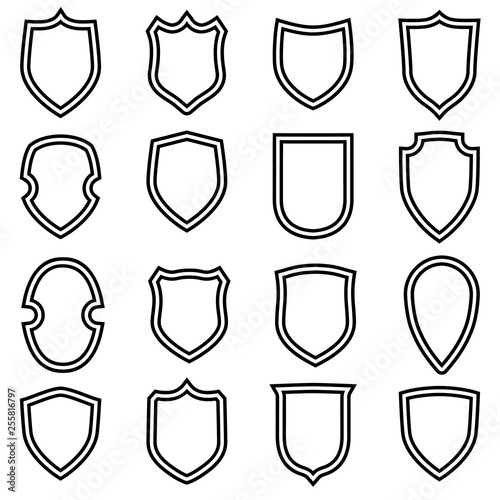 Shield shape icons set. Circuit label signs isolated on white background. Symbol of protection, arms, security, safety. Flat retro style design.