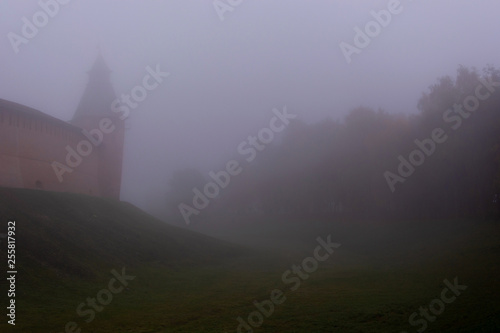 Autumn fog in the Kremlin. Spasskaya tower. Veliky Novgorod