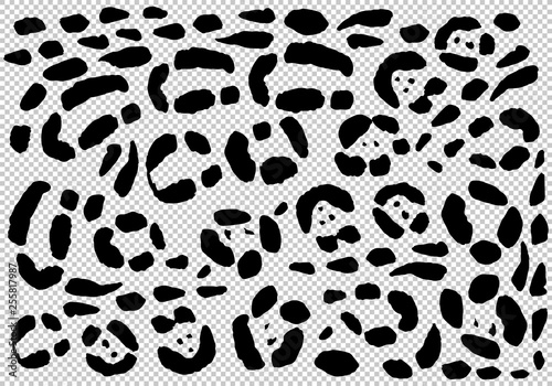 Animal print, black spots of a jaguar. Transparent background. Stock vector illustration.