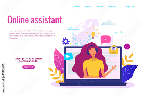 Customer service, hotline operator for web page, banner, presentation, social media concept. Online global technical support. Online assistant vector illustration.