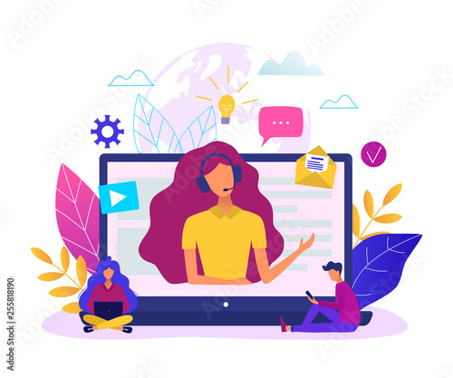 Customer service, hotline operator for web page, banner, presentation, social media concept. Online global technical support. Online assistant vector illustration.