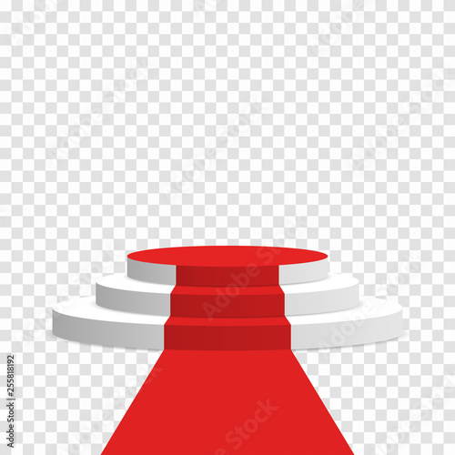Stage podium with red carpet. White round pedestal with stairs isolated on background. Stage for winners and award ceremony