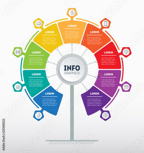 Business presentation concept with 9 options. Web Template of tree, info chart or diagram. Vector infographic of technology or education process with 9 steps. Brochure design template.