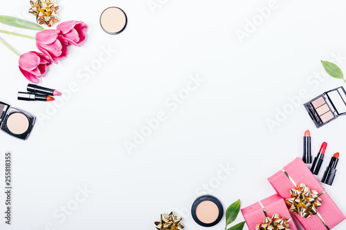 Festive flat lay composition of gift boxes
