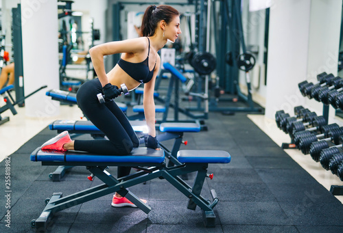 Athletic woman pumping up muscles with dumbbells. Sport, fitness and healthy lifestyle concept.