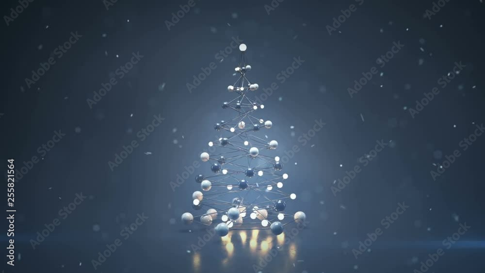 Futuristic christmas tree with glowing balls and snowstorm. 3D render loopable animation