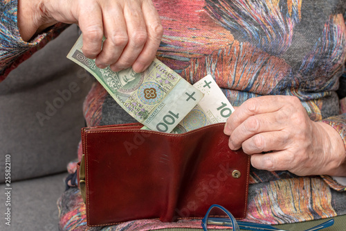 Hands of an elderly pensioner holding leather wallet with polish currency money. Concept of financial security in old age. photo