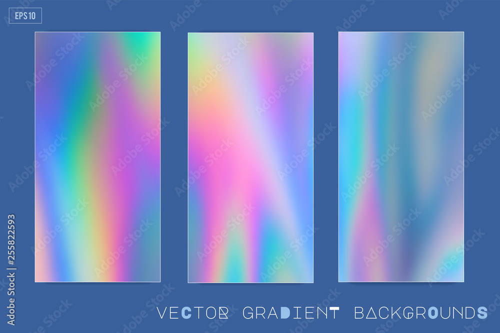 Fototapeta premium Abstract Modern pastel colored holographic vector gradient backgrounds in 80s style. Synthwave. Vaporwave style. Retrowave, retro futurism, webpunk. Modern screen design for mobile app