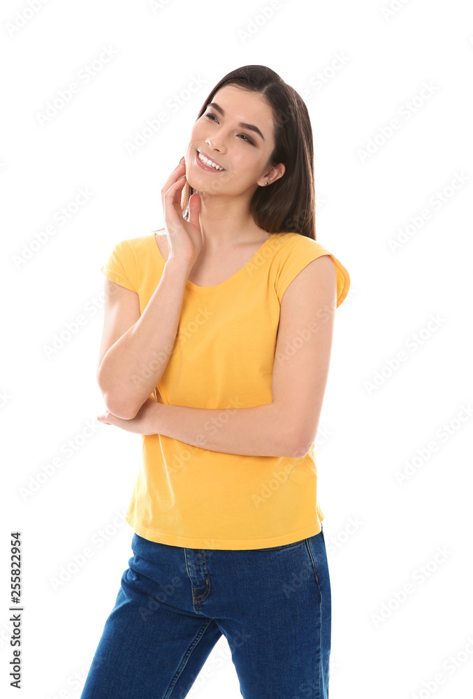 Beautiful young woman in stylish clothes on white background Beautiful young woman in stylish clothes on white background