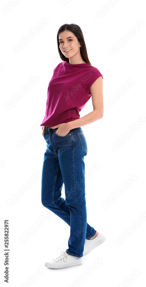 Beautiful young woman in stylish clothes on white background Beautiful young woman in stylish clothes on white background