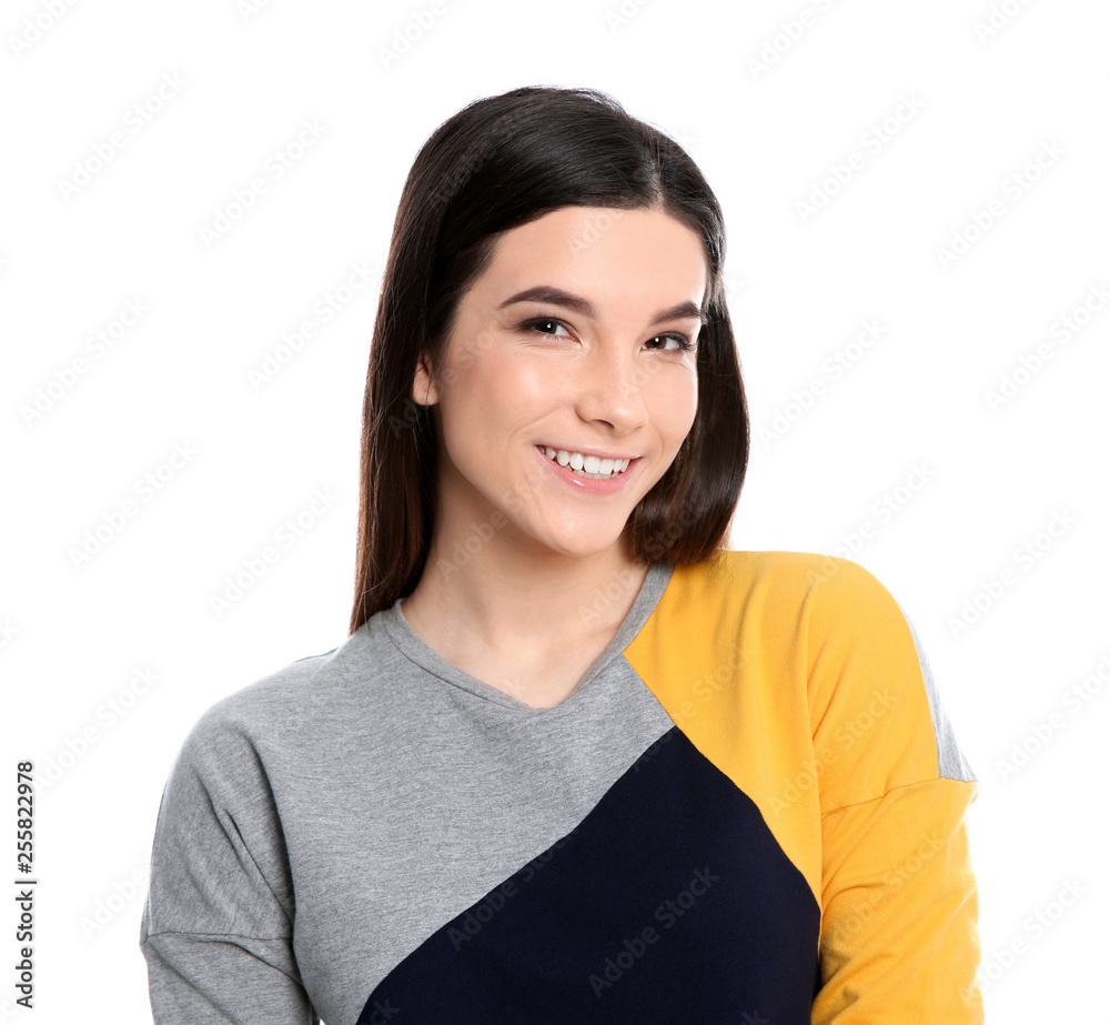 Beautiful young woman in stylish clothes on white background Beautiful young woman in stylish clothes on white background