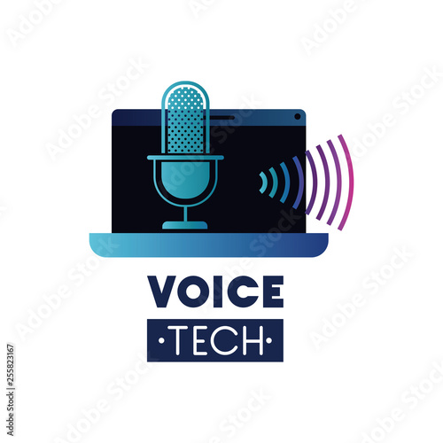 voice tech label with laptop and voice assistant