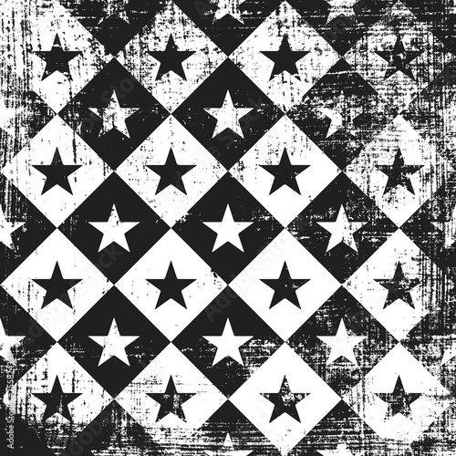Grunge circus pattern with stars. Square black and white backdrop.