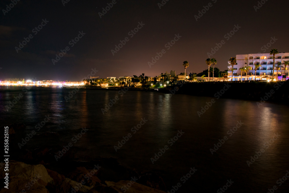 Cyprus, Paphos, night city panorama lights, coastline and sea