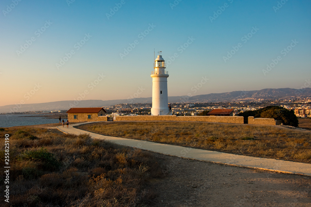 coast line with lighthouse, dune and rare vegetation in the background at sunset