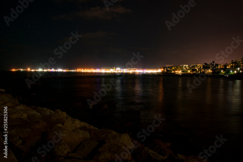 Cyprus, Paphos, night city panorama lights, coastline and sea