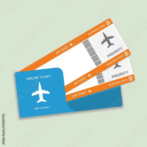 Modern airline travel boarding pass two tickets isolated on white background. Time to travel.