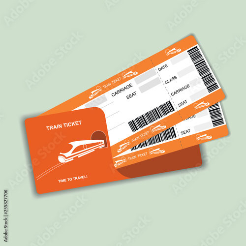 Modern train travel boarding pass two tickets isolated on white background.