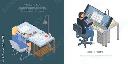 Architect equipment banner set. Isometric set of architect equipment vector banner for web design
