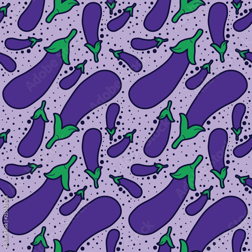 Eggplant vector lines seamless pattern. Funny doodle healthy food on a light background.