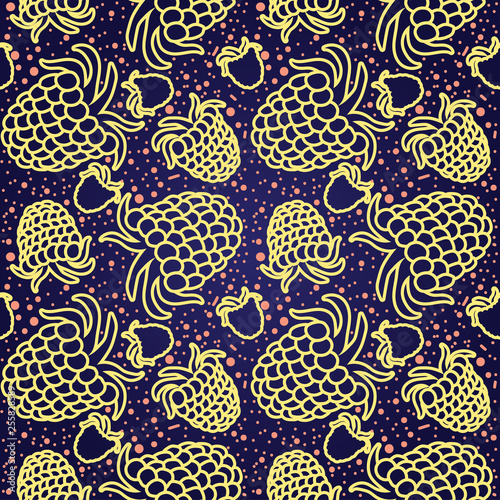 Raspberry vector lines seamless pattern. Funny doodle healthy food on a dark background.