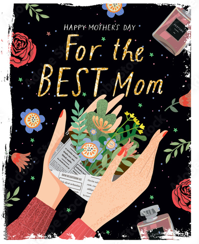 Happy mother's day! Vector illustration for a cover, poster or card for the holiday moms. Drawing of hands holding an envelope with flowers - a holiday gift