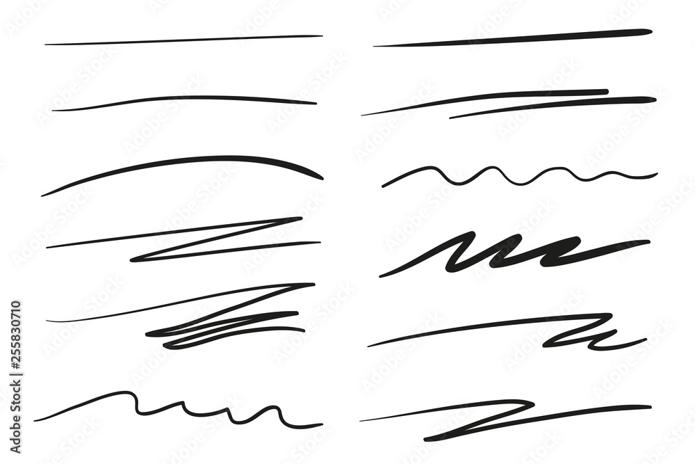 Hand drawn underlines on white. Abstract backgrounds with array of lines. Stroke chaotic patterns. Black and white illustration. Sketchy elements