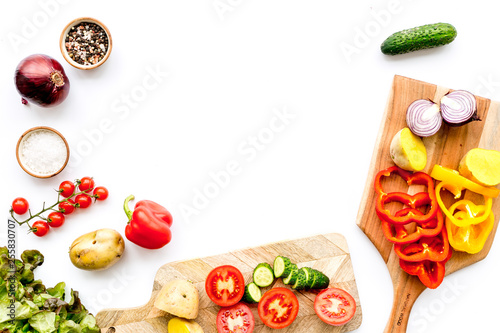 cooking with raw vegetables on white background top view mockup