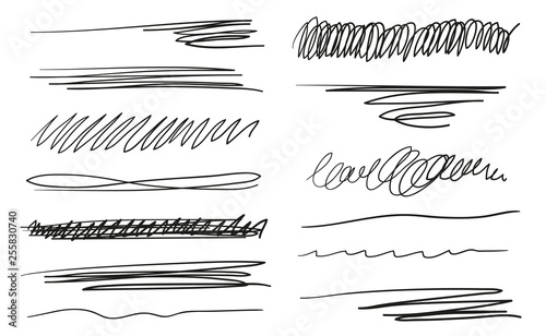 Hand drawn underlines on white. Abstract backgrounds with array of lines. Stroke chaotic patterns. Black and white illustration. Sketchy elements for design