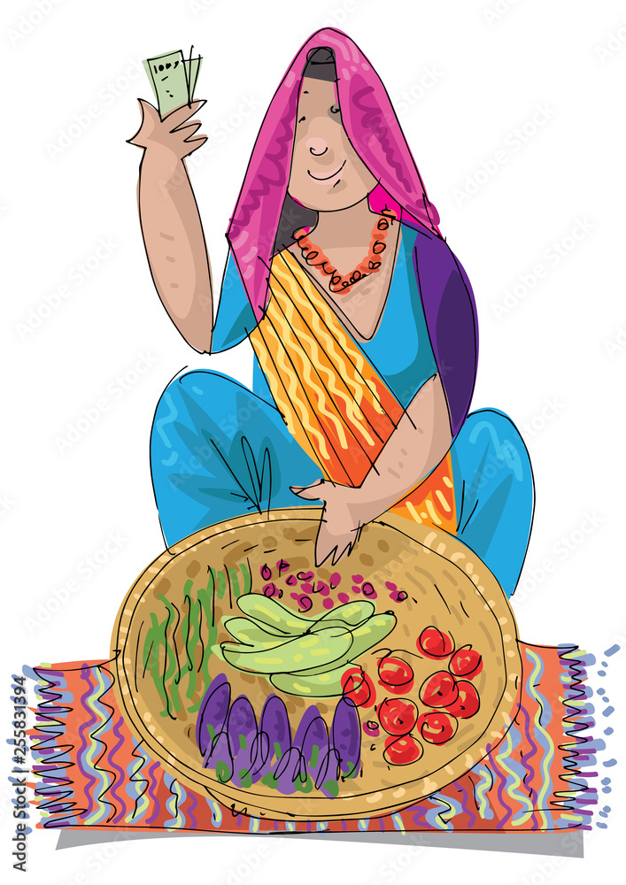 An indian woman street vendor offers fruit and vegetables. Cartoon.  Caricature. Stock Vector | Adobe Stock