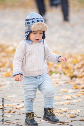 Beautiful baby boy walking throw the autumn leaves at the park.