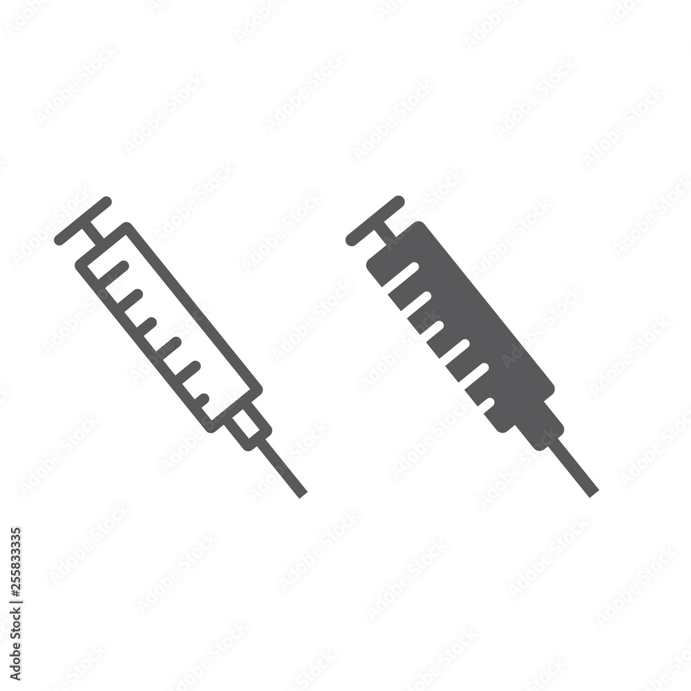 Syringe line and glyph icon, medicine and injection, needle sign, vector graphics, a linear pattern on a white background. Syringe line and glyph icon, medicine and injection, needle sign, vector graphics, a linear pattern on a white background.