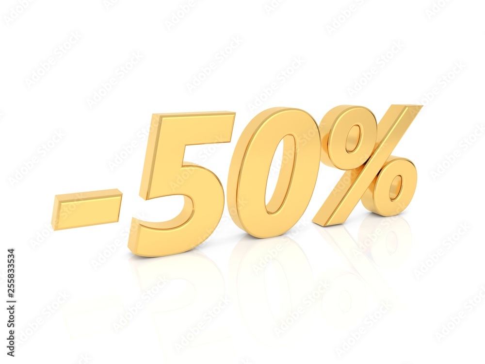 Discount - 50 percent gold numbers on a white background. 3d render illustration. Discount - 50 percent gold numbers on a white background. 3d render illustration.