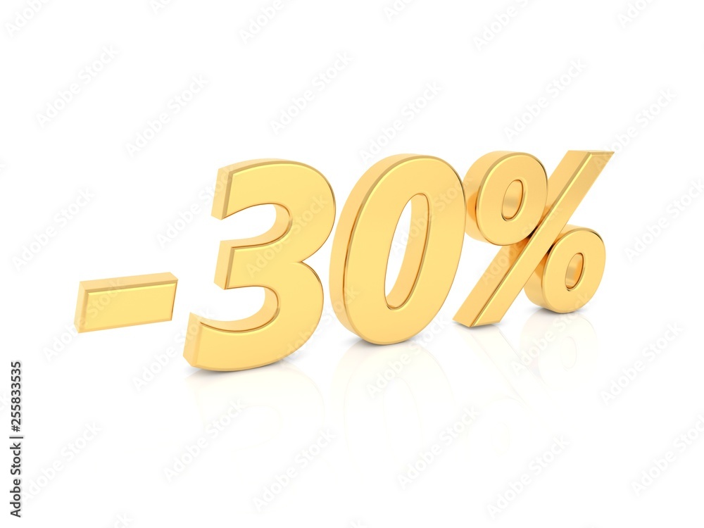 Discount -30 percent gold numbers on a white background. 3d render illustration. Discount -30 percent gold numbers on a white background. 3d render illustration.