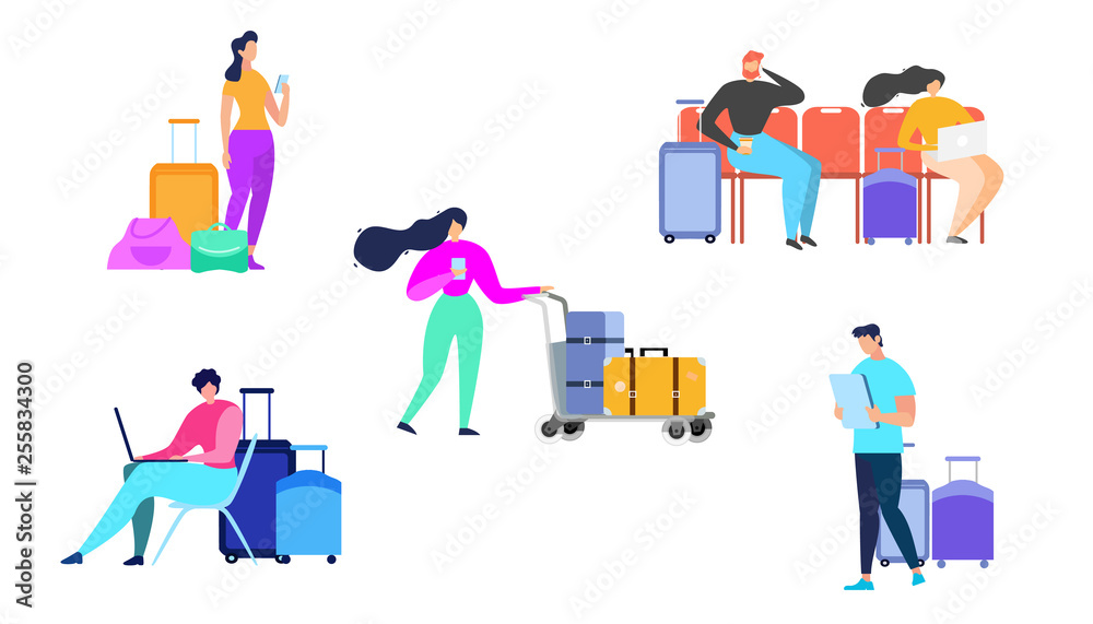 Traveling People with Baggage Flat Vector Set