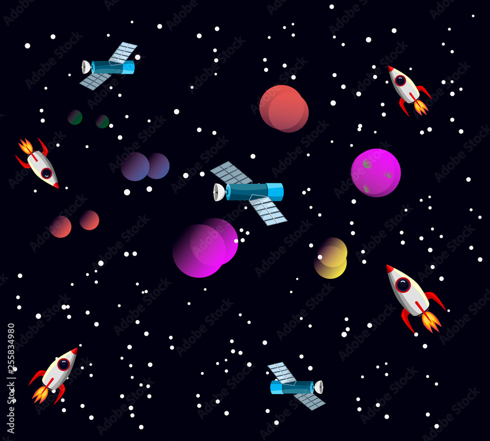 color vector illustration with rocket, planets, satellite, stars, clouds. Astronomy. For children and adults. Space exploration. Vector graphics